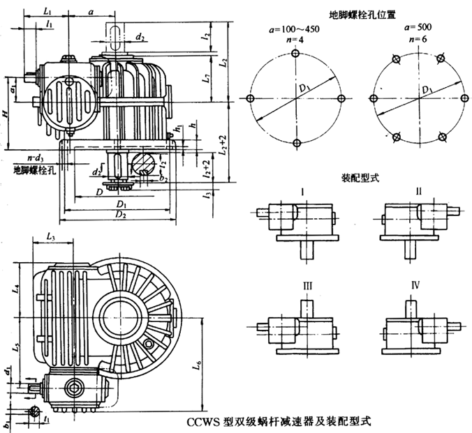 雙級蝸桿減速器的裝配型式與主要尺寸
